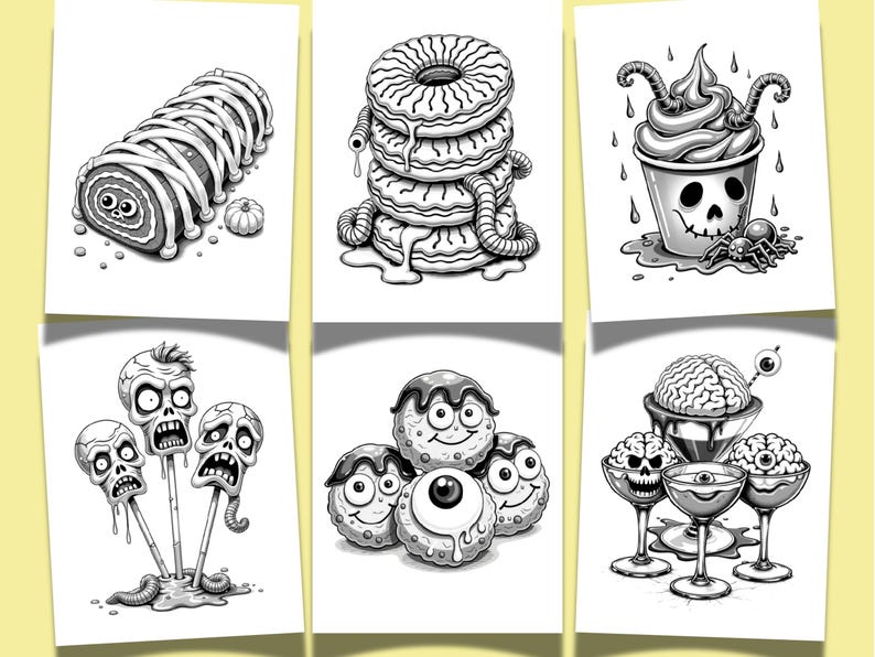 May include: Black and white illustrations of spooky treats, including a mummy roll, stacked donuts, a skull-shaped ice cream, zombie pops, eyeball candies, and brain parfaits. Perfect for Halloween-themed coloring pages or decorations.