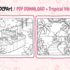 May include: Two black and white coloring pages with a tropical theme. One shows a bar with drinks and fruit, the other a hut on a beach with palm trees. Text at the top reads "ADCPart / PDF DOWNLOAD Tropical Vibes."