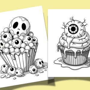 May include: Black and white illustrations of Halloween-themed cupcakes. One cupcake is topped with a cluster of eyeballs and a skull, the other with a large eyeball. The cupcakes are in a cupcake liner with frosting.