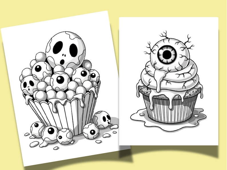 May include: Black and white illustrations of Halloween-themed cupcakes. One cupcake is topped with a cluster of eyeballs and a skull, the other with a large eyeball. The cupcakes are in a cupcake liner with frosting.