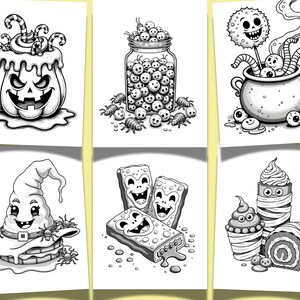 May include: Black and white Halloween-themed illustrations. A grinning jack-o'-lantern with candy canes, a jar filled with smiling eyeballs, a cauldron with eyeballs and tentacles, a witch hat, smiling candy bars, and wrapped desserts.
