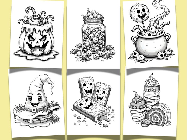 May include: Black and white Halloween-themed illustrations. A grinning jack-o'-lantern with candy canes, a jar filled with smiling eyeballs, a cauldron with eyeballs and tentacles, a witch hat, smiling candy bars, and wrapped desserts.