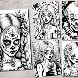 May include: Black and white illustrations of four different spooky characters. Each character is a young woman with a different style of makeup and hair. The characters are surrounded by roses, spiderwebs, and other spooky details.