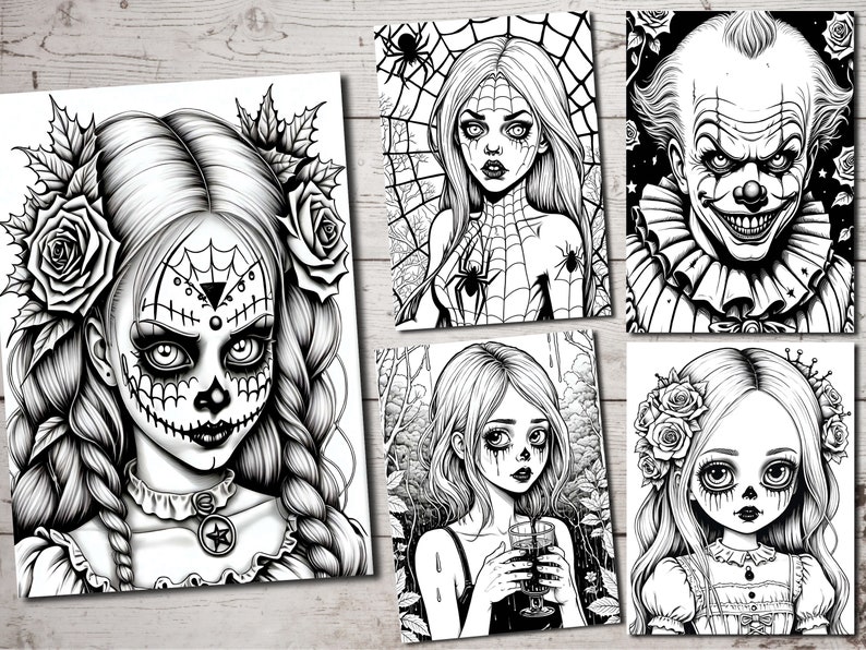 May include: Black and white illustrations of four different spooky characters. Each character is a young woman with a different style of makeup and hair. The characters are surrounded by roses, spiderwebs, and other spooky details.