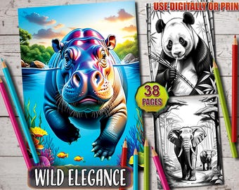 Majestic Animals Coloring Pages: Grayscale Animal Art (PDF Download)