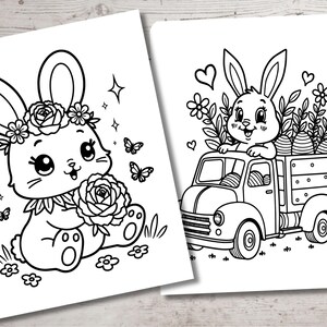 May include: Two black and white coloring pages featuring cute bunnies. The first page shows a bunny wearing a flower crown and holding a rose. The second page shows a bunny riding in a truck filled with Easter eggs.