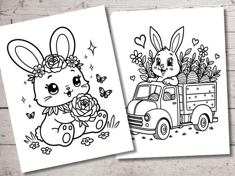 May include: Two black and white coloring pages featuring cute bunnies. The first page shows a bunny wearing a flower crown and holding a rose. The second page shows a bunny riding in a truck filled with Easter eggs.