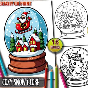 Bold and Easy Coloring Book, Cute Kawaii Snow Globe Coloring Pages, christmas Scenes Coloring, Relaxing Activity for Adults and Kids