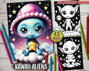 Cute Kawaii Coloring Pages, Adorable Kawaii Aliens Coloring Book, Cute Coloring Page , Fun Coloring Pages, Kawaii Digital Download