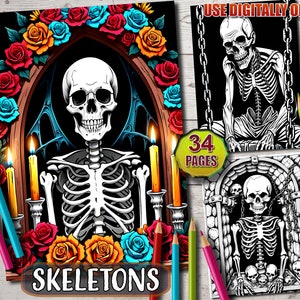 Spooky Skeleton Coloring Pages: Grayscale Creepy Scenes (Digital Download)