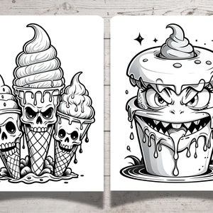 May include: Two black and white illustrations of ice cream cones with skulls. The first illustration shows three ice cream cones with dripping ice cream and skulls on the bottom of the cones. The second illustration shows a single ice cream cone with a skull face and dripping ice cream.