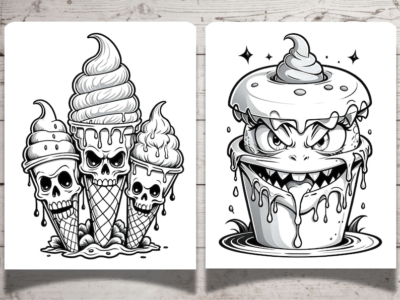 May include: Two black and white illustrations of ice cream cones with skulls. The first illustration shows three ice cream cones with dripping ice cream and skulls on the bottom of the cones. The second illustration shows a single ice cream cone with a skull face and dripping ice cream.