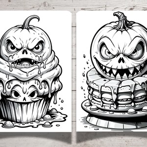 May include: Two black and white illustrations of Halloween themed cupcakes. The first cupcake is topped with a pumpkin with a scary face and dripping icing. The second cupcake is a layered cake with a pumpkin face on top.