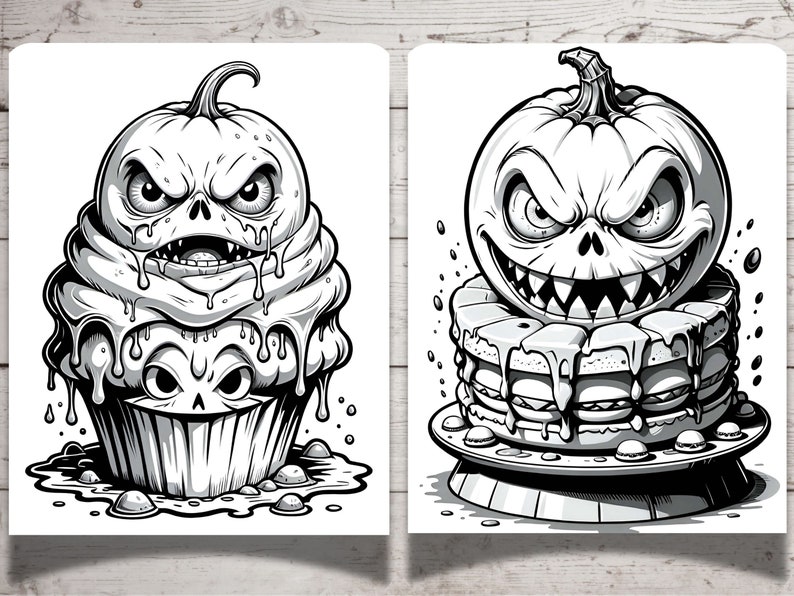 May include: Two black and white illustrations of Halloween themed cupcakes. The first cupcake is topped with a pumpkin with a scary face and dripping icing. The second cupcake is a layered cake with a pumpkin face on top.