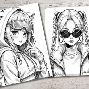May include: Two black and white illustrations of women with different hairstyles and clothing. The woman on the left has cat ears on her hooded sweatshirt and is wearing ski goggles. The woman on the right has two braids and is wearing a puffer jacket with sunglasses.