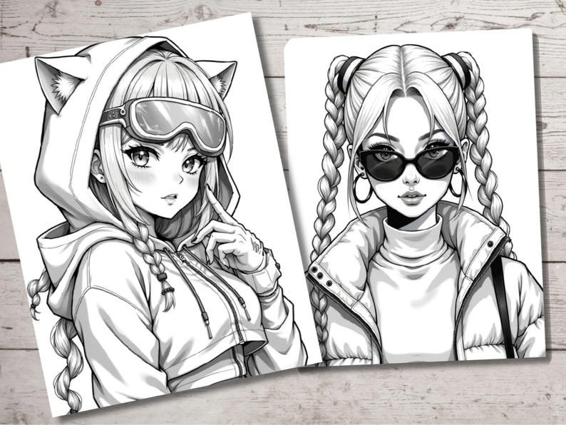 May include: Two black and white illustrations of women with different hairstyles and clothing. The woman on the left has cat ears on her hooded sweatshirt and is wearing ski goggles. The woman on the right has two braids and is wearing a puffer jacket with sunglasses.