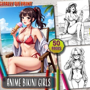 Anime Bikini Girls Coloring Book, Cute Manga Fantasy Anime Coloring Pages for Adults, Instant Download, Printable PDF, Grayscale Digital Art