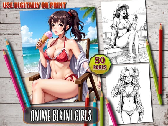 Anime Bikini Girls Coloring Book, Cute Manga Fantasy Anime Coloring Pages for Adults, Instant Download, Printable PDF, Grayscale Digital Art