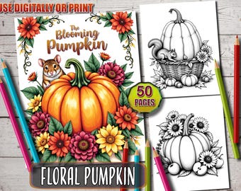 Målarbilder med blommiga pumpor: 50 höstaktivitetsblad (PDF för direktnedladdning)