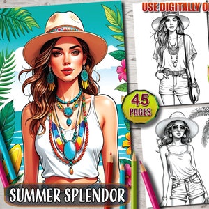 Splendeur estivale - Livre de coloriage mode - 45 pages de tenues d'été tendance en niveaux de gris pour enfants et adultes, PDF imprimable