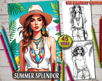 May include: A coloring book titled "Summer Splendor" featuring a woman wearing a hat and jewelry, with a beach scene background. The book includes 45 pages and is designed for digital or print use. Colored pencils are visible.