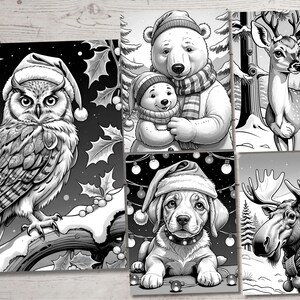 May include: A set of five black and white illustrations featuring winter animals wearing festive hats. The animals include an owl, a polar bear, a deer, a dog, and a moose.
