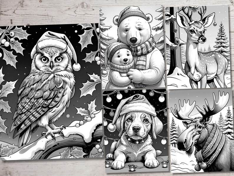 May include: A set of five black and white illustrations featuring winter animals wearing festive hats. The animals include an owl, a polar bear, a deer, a dog, and a moose.