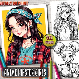 Anime Hipster Girls Coloring Book: 50 Page Grayscale Manga (Printable PDF)