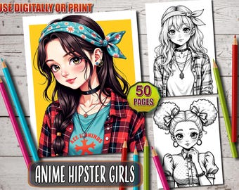 Anime Hipster Girls Coloring Book: 50 Page Grayscale Manga (Printable PDF)