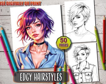 Edgy Hairstyles Coloring Book: 50 Grayscale Portrait Pages (Printable PDF)