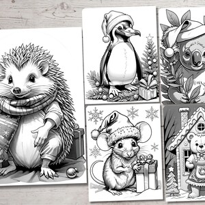 May include: Black and white illustration of five different animals wearing winter hats and holding gifts. The animals include a hedgehog, a penguin, a koala, a mouse, and a bear.