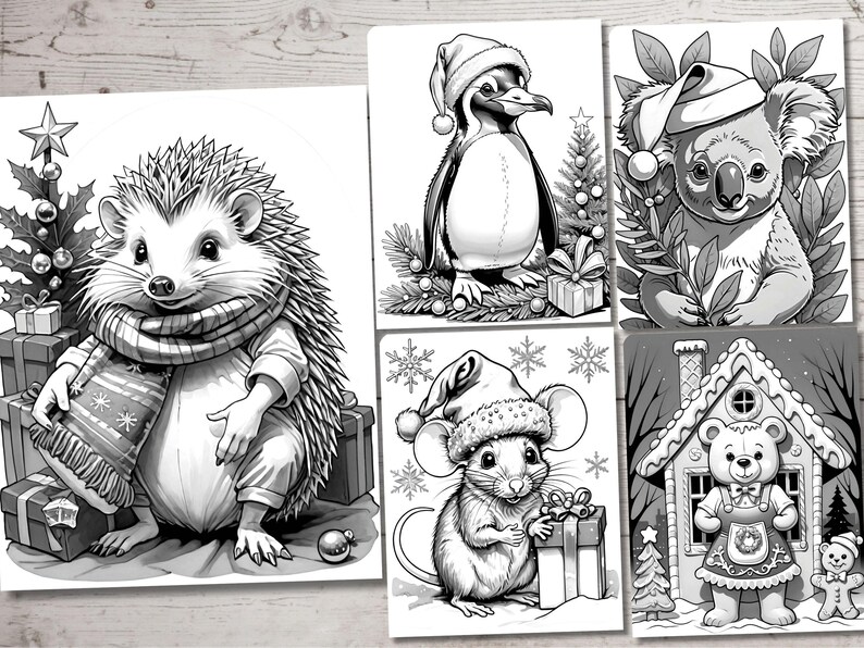 May include: Black and white illustration of five different animals wearing winter hats and holding gifts. The animals include a hedgehog, a penguin, a koala, a mouse, and a bear.