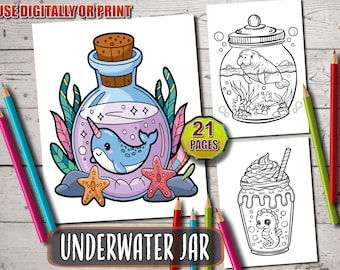 Cute Underwater Jar Coloring Book, Adorable Kawaii Ocean Pages, Relaxing for Adults and Kids, Bold & Easy Designs, Printable PDF