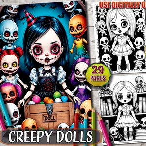 Creepy Doll Coloring Book: 29 Printable Gothic Grayscale Pages (Instant Download)