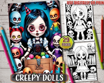 Creepy Doll Coloring Book: 29 Printable Gothic Grayscale Pages (Instant Download)