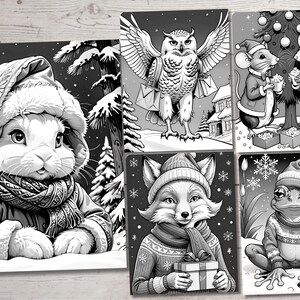 May include: Black and white illustration of four winter animals: a rabbit wearing a scarf and hat, a fox wearing a scarf and sweater, an owl carrying a package, and a frog wearing a sweater. The animals are all set against a snowy background with snowflakes.
