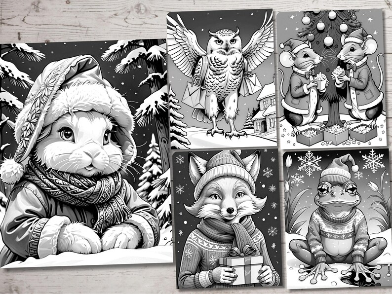 May include: Black and white illustration of four winter animals: a rabbit wearing a scarf and hat, a fox wearing a scarf and sweater, an owl carrying a package, and a frog wearing a sweater. The animals are all set against a snowy background with snowflakes.