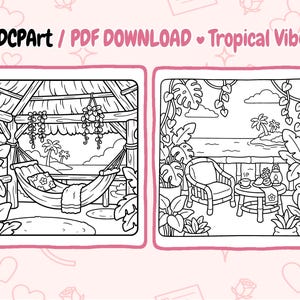 Tropical Vibes Coloring Book, Bold & Cozy Summer Pages, Cute Kawaii Tropical Scenes, Relaxing Vacation Theme, Printable PDF image 7