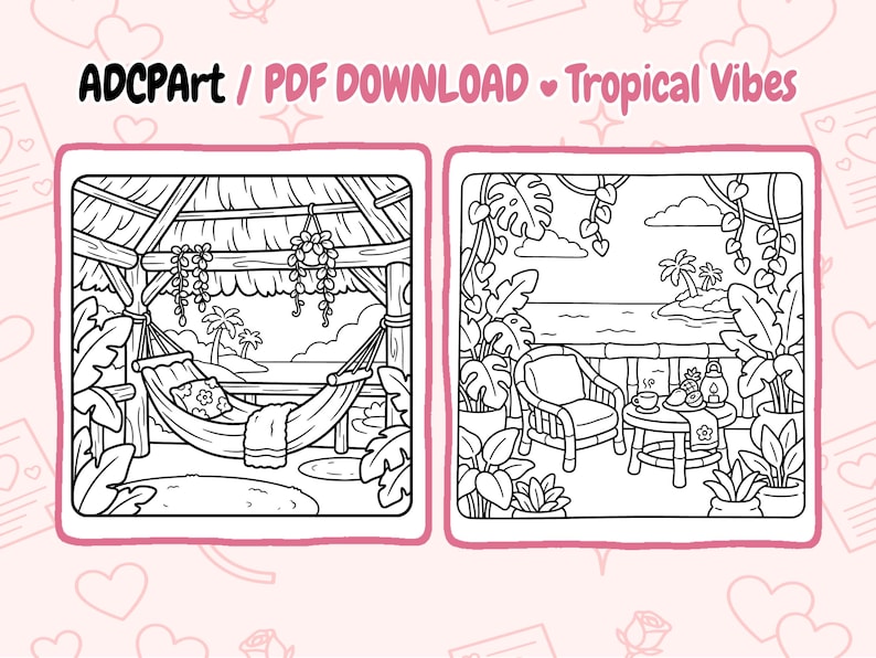 Tropical Vibes Coloring Book, Bold & Cozy Summer Pages, Cute Kawaii Tropical Scenes, Relaxing Vacation Theme, Printable PDF image 7