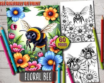 Floral Bee Coloring Book: 60 Printable Pages for Adults & Kids (PDF Download)