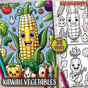 Kawaii Coloring Pages, Adorable Kawaii Vegetables Coloring Book, Cute and Fun Coloring Pages, Kawaii Digital Download, For Kids and Adults