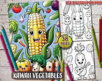 May include: A set of 38 coloring pages featuring cute, cartoon-style vegetables. The pages are designed for digital use or printing. The cover page features a smiling corn on the cob with a yellow and green color scheme.