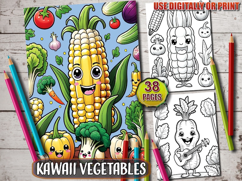 May include: A set of 38 coloring pages featuring cute, cartoon-style vegetables. The pages are designed for digital use or printing. The cover page features a smiling corn on the cob with a yellow and green color scheme.