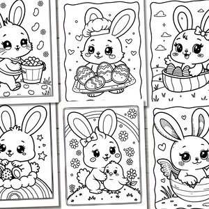 May include: A set of six black and white coloring pages featuring cute bunny rabbits with Easter eggs. The bunnies are wearing hats, holding baskets, and sitting on eggs.
