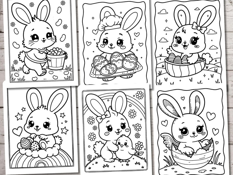 May include: A set of six black and white coloring pages featuring cute bunny rabbits with Easter eggs. The bunnies are wearing hats, holding baskets, and sitting on eggs.