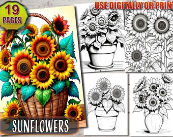 Sunflowers Coloring Book, Printable PDF, Botanical Floral Plant Coloring Pages, Grayscale Coloring