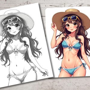 May include: A black and white line drawing of a woman wearing a swimsuit and a sun hat. The woman is smiling and has long, flowing hair. The drawing is on a white background.