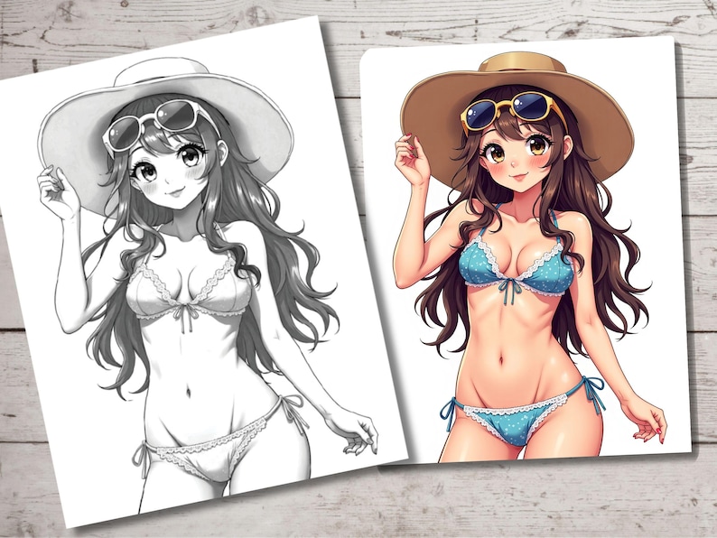 May include: A black and white line drawing of a woman wearing a swimsuit and a sun hat. The woman is smiling and has long, flowing hair. The drawing is on a white background.