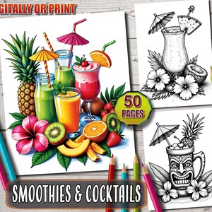 Smoothies & Cocktails Coloring Book: 50 Tropical Grayscale Pages (Printable PDF)