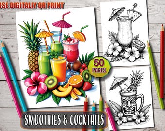 Livre de coloriage smoothies et cocktails : 50 pages tropicales en niveaux de gris (PDF imprimable)